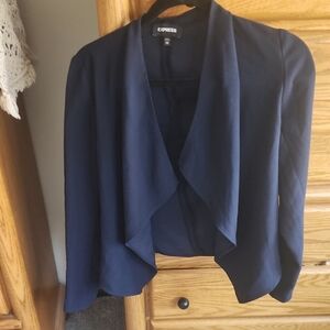 Express Blue XS Lightweight Flowy Spring Cropped Blazer with Waterfall Collar